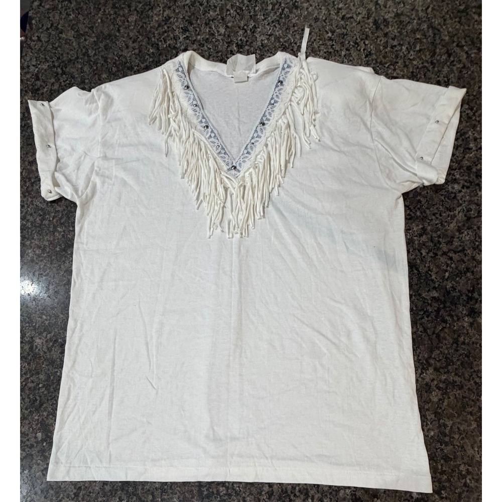 Joanie W Vintage White Fringe Studded Lace V-Neck T-Shirt Made in USA Large